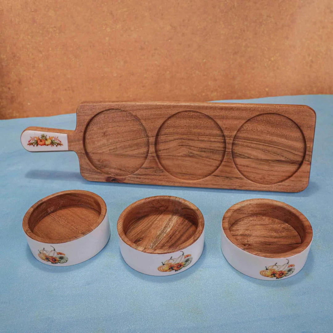 Ireka Homes Handcrafted Dip Trip Serving Bowls - Multipurpose Acacia Wood Bowls With Enamel - Durable Bowls for Serving Food, Snacks, and Desserts (18x5 inches)
