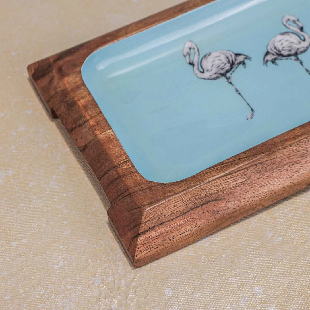 Ireka Homes Multi-Purpose Flamingo Fiesta Serving Platter - Premium Acacia Wood Platter With Enamel Coating - Decorative Kitchen Platter for Serving Food, Drinks, Coffee, and Cheese (17x6 inches)