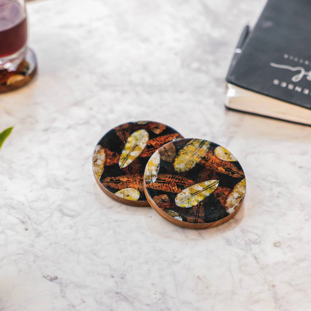 Ireka Homes Forest Floor Coaster Set – Acacia Wood & Enamel – Ideal for Coffee Tables, Desks, & Gifting