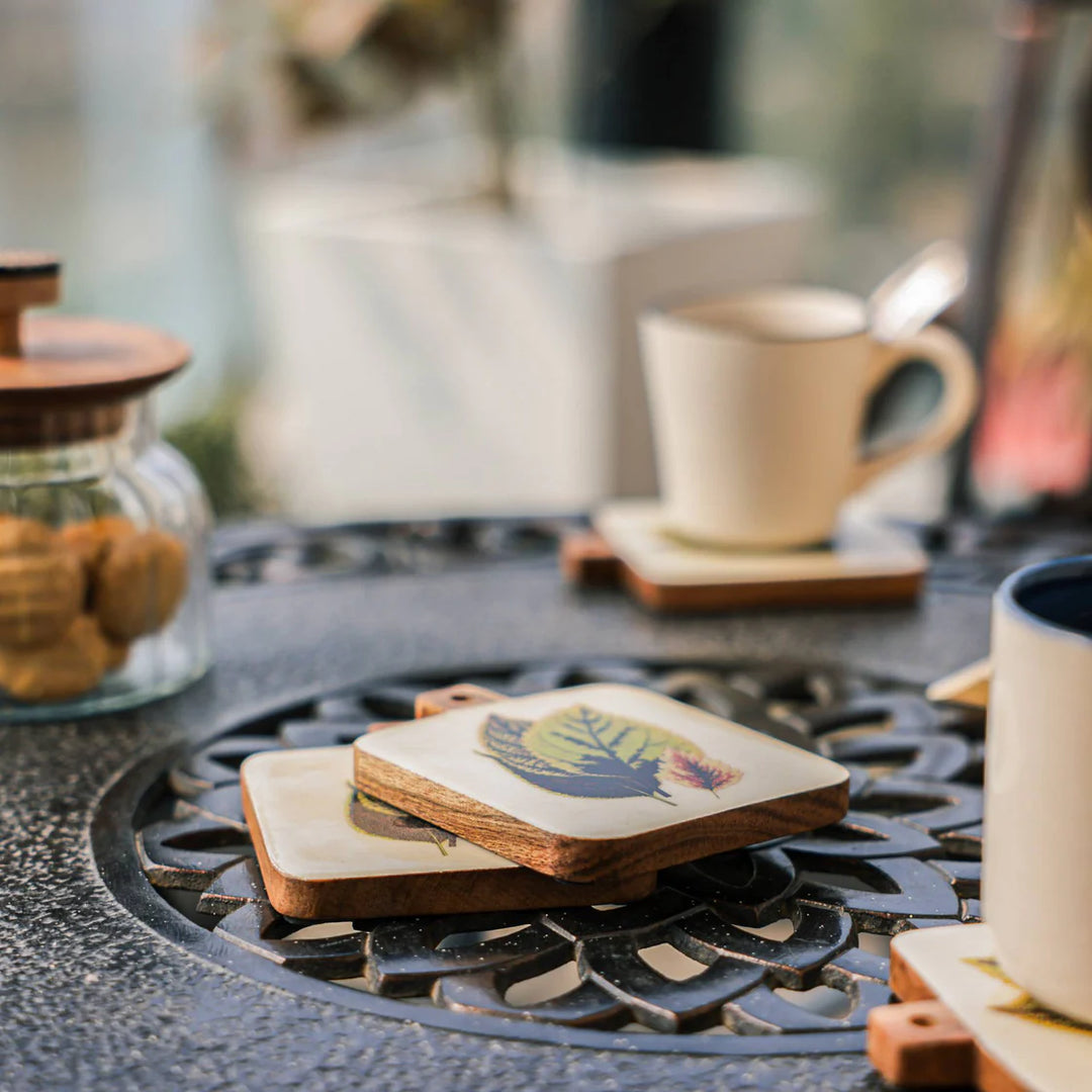Ireka Homes Timber Leaf Coaster Set – Acacia Wood & Enamel – Ideal for Coffee Tables, Desks, & Gifting