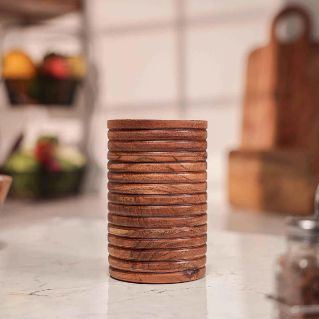Ireka Homes Cylindro Utensils Holder - Handcrafted Acacia Wood Utensil Utensils Holder - Durable Utensil Organizer for Spatulas, Ladles & Cooking Tools