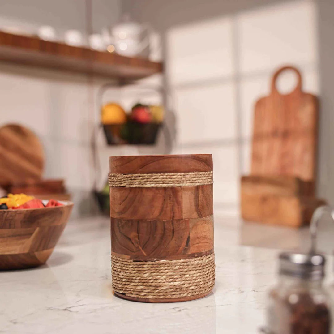 Ireka Homes Rustic Roll Utensils Holder - Handcrafted Acacia Wood Utensil Utensils Holder - Durable Utensil Organizer for Spatulas, Ladles & Cooking Tools