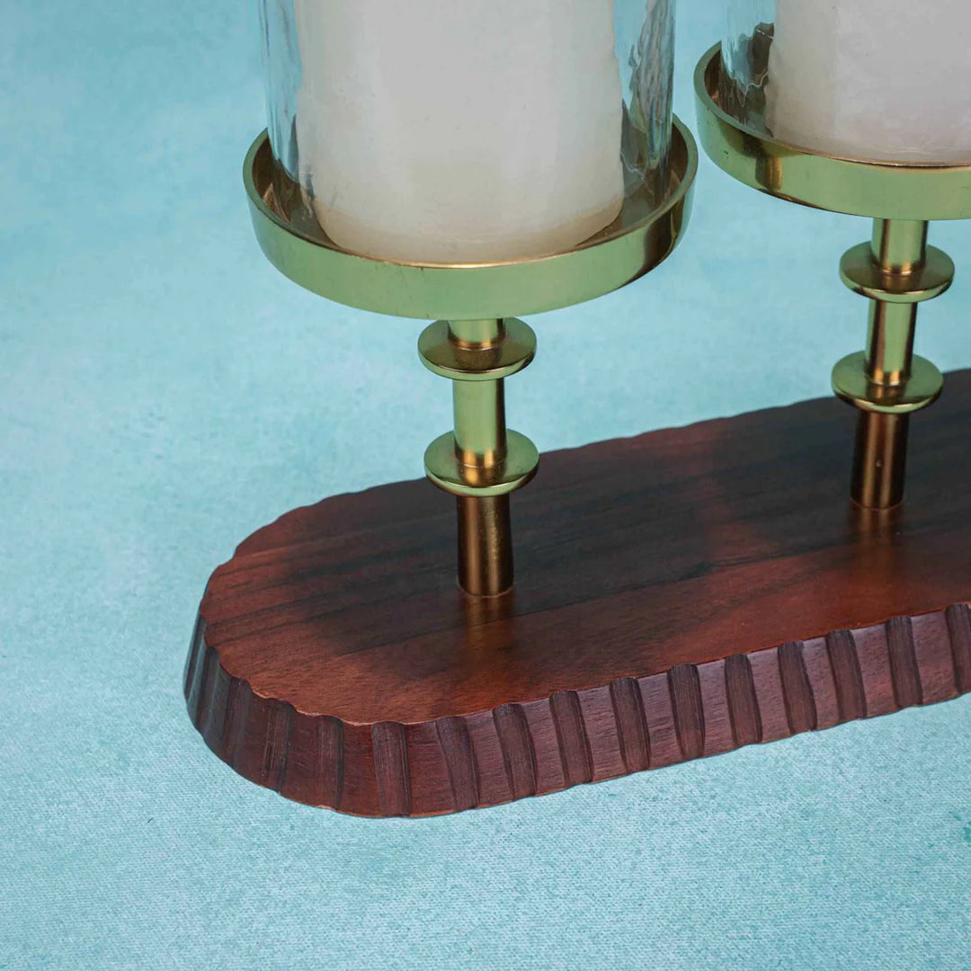 Ireka Homes Glowry Candle Holder - Handcrafted Acacia Wood & Glass Candle Stand With Candle - Stylish Centerpiece for Weddings, Diwali & Christmas Décor (Set of 3)