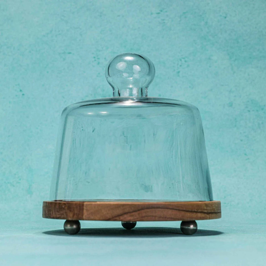 Ireka Homes Sugar Shell Acacia Wood Cake Stand with Glass Dome – Handmade, Sustainable, Foodsafe – Perfect for Cakes, Fruits, and Snacks