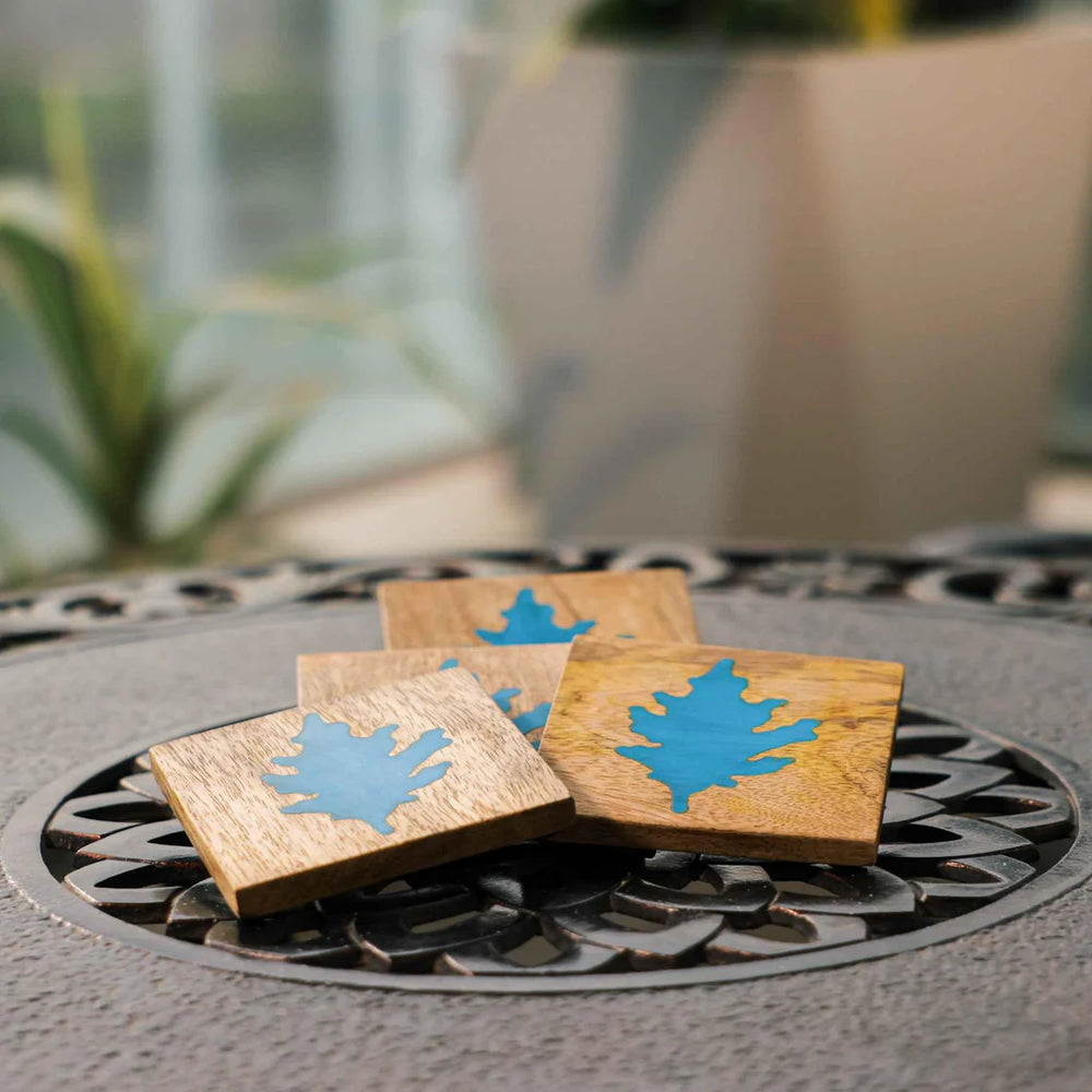 Ireka Homes Autumn Blue Coaster Set – Mango Wood & Marble – Ideal for Coffee Tables, Desks, & Gifting