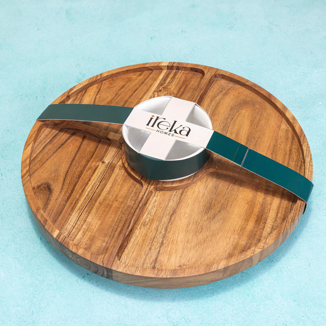 Ireka Homes Roll n Dip Lazy Susan - Premium Acacia Wood 360° Rotating Tray - Multipurpose Lazy Susan for Dining Table, Kitchen, Decor (16 x 16 x 4 inches)