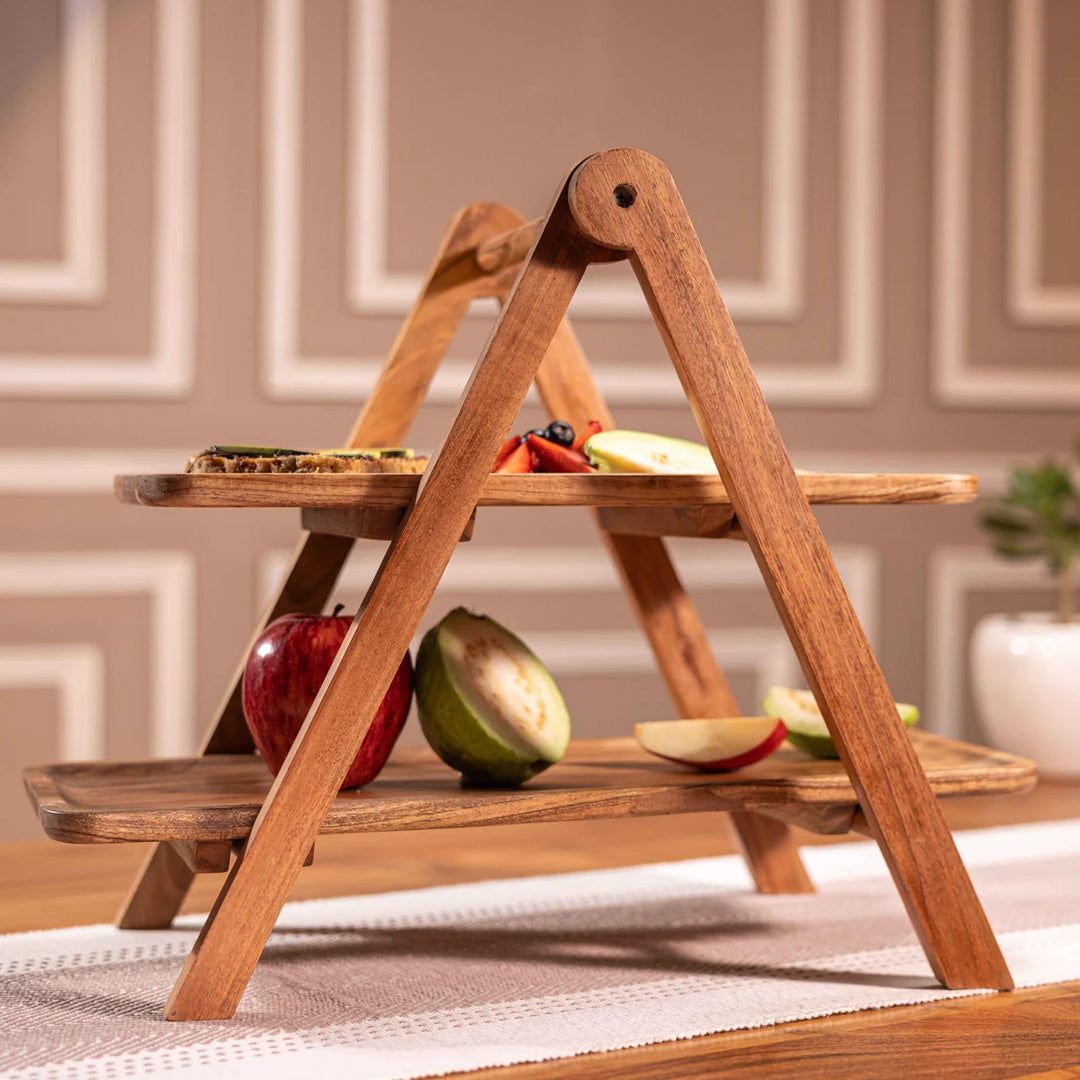 Ireka Homes Snackrack Multipurpose Serveware – Premium Acacia Wood 2-Tier Stand  - Foldable Serveware for Snacks, Barware & Kitchen Decor (18x9.75x14 inches)