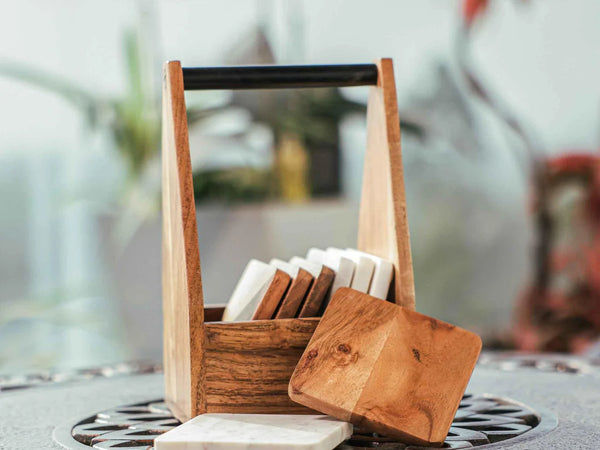 Ireka Homes CarryEase Coaster Set – Acacia Wood & Marble – Ideal for Coffee Tables, Desks, & Gifting