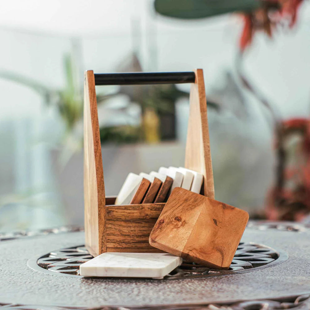 Ireka Homes CarryEase Coaster Set – Acacia Wood & Marble – Ideal for Coffee Tables, Desks, & Gifting