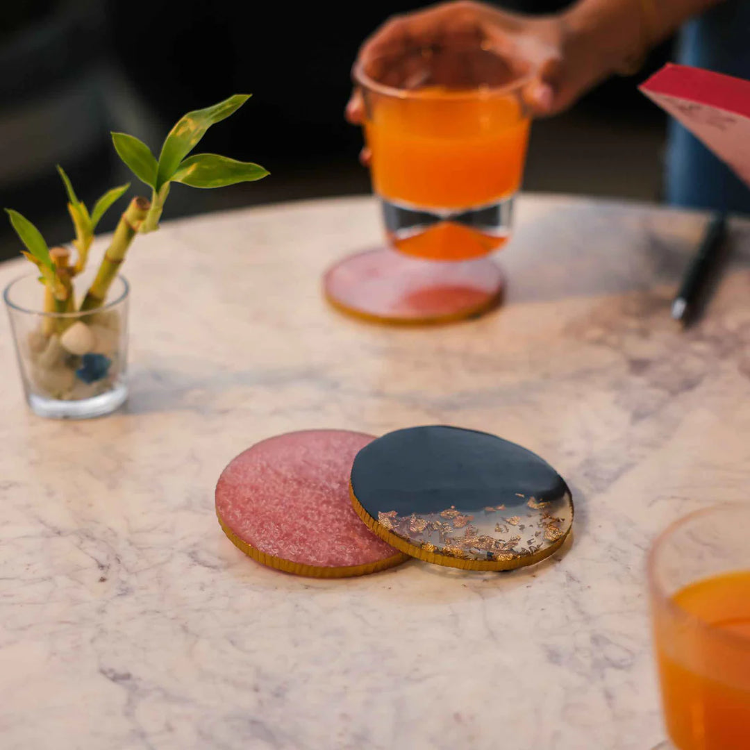 Ireka Homes Midnight Gold Resin Coaster Set – Handcrafted, Heat-Resistant – Ideal for Coffee Tables, Desks, & Gifting