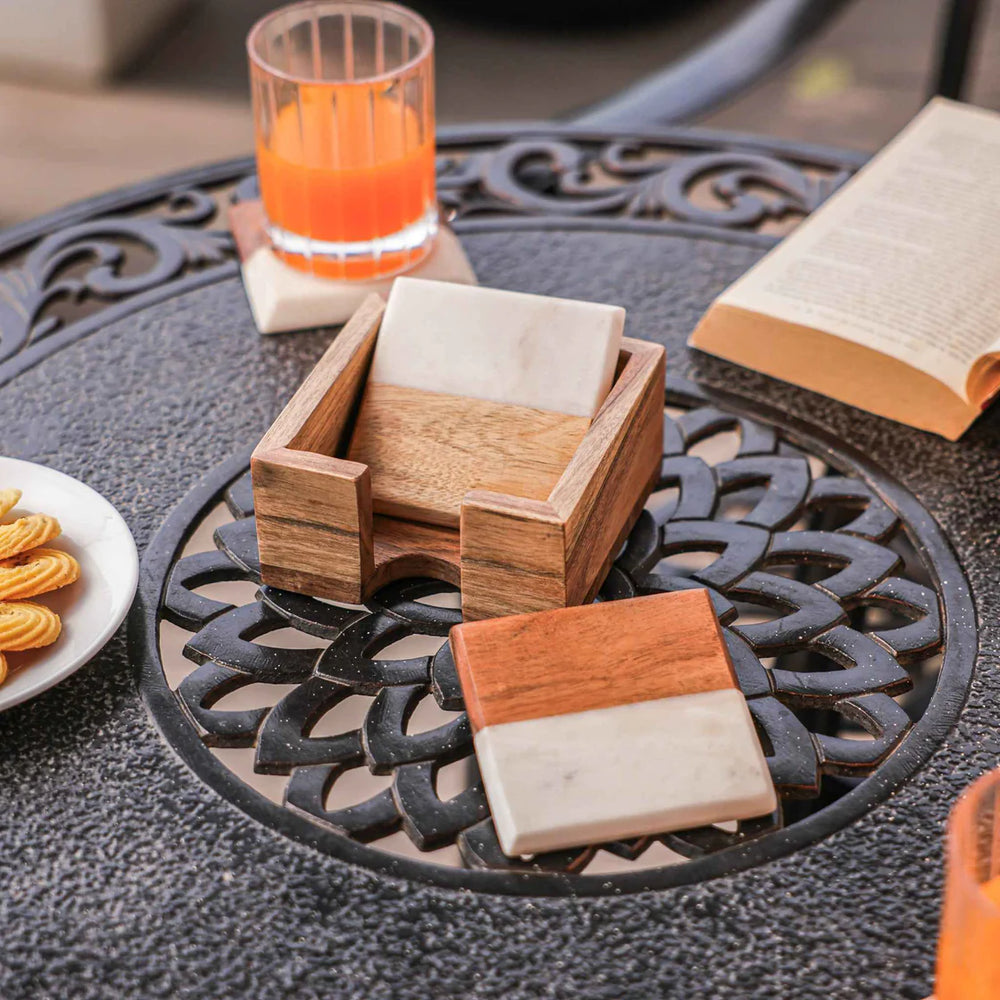 Ireka Homes Timber & Stone Coaster Set – Acacia Wood & Marble – Ideal for Coffee Tables, Desks, & Gifting