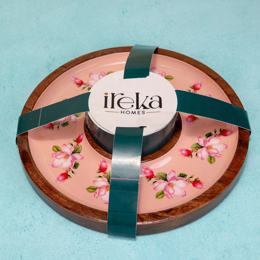 Ireka Homes Sakura Chip and Dip Platter – Handcrafted Acacia Wood Snack Tray with Ceramic Bowl – Stylish Platter for Chips, Crackers, and Dips (11.5x11.5x2.5 inches)