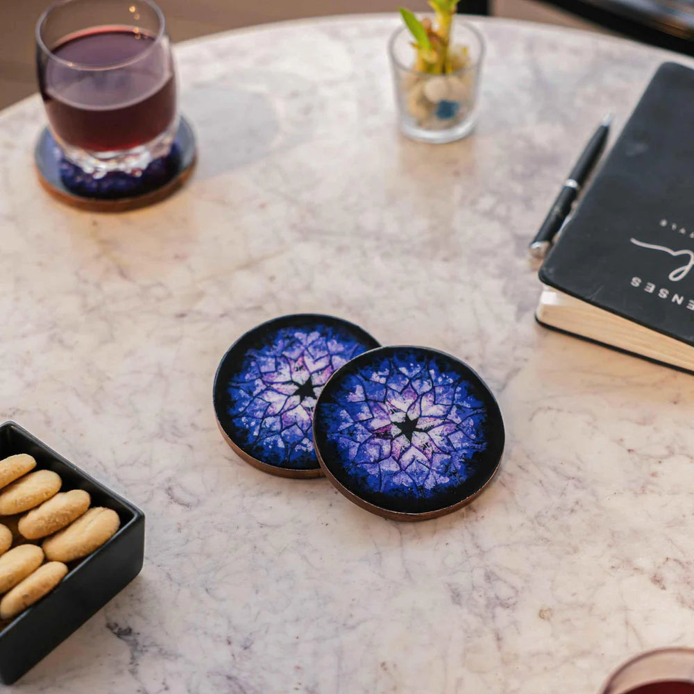 Ireka Homes Blue Nebula Coaster Set – Acacia Wood & Enamel– Ideal for Coffee Tables, Desks, & Gifting