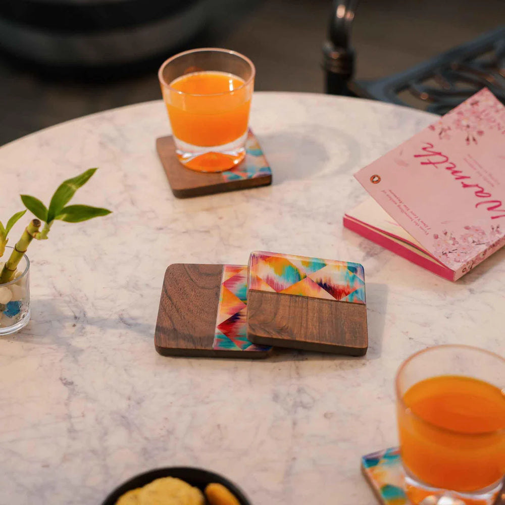 Ireka Homes Aurora Wood Coaster Set – Acacia Wood & Enamel– Ideal for Coffee Tables, Desks, & Gifting
