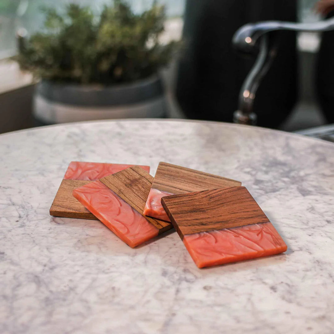 Ireka Homes Blush Tide Coaster Set – Acacia Wood and Resin– Ideal for Coffee Tables, Desks, & Gifting