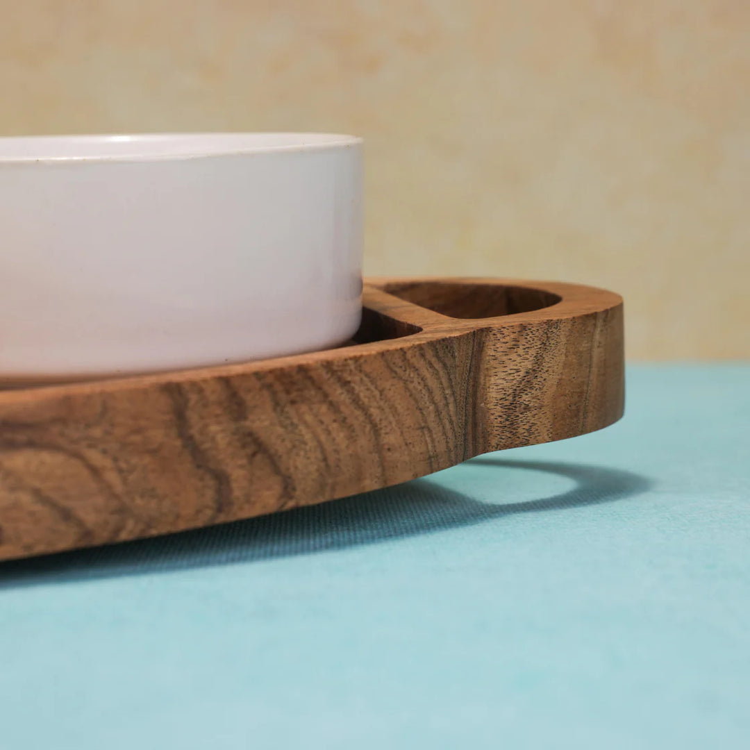 Ireka Homes Ovaload Chip and Dip Platter – Handcrafted Acacia Wood Snack Tray with Ceramic Bowl – Stylish Platter for Chips, Crackers, and Dips (16x9x2.5 inches)