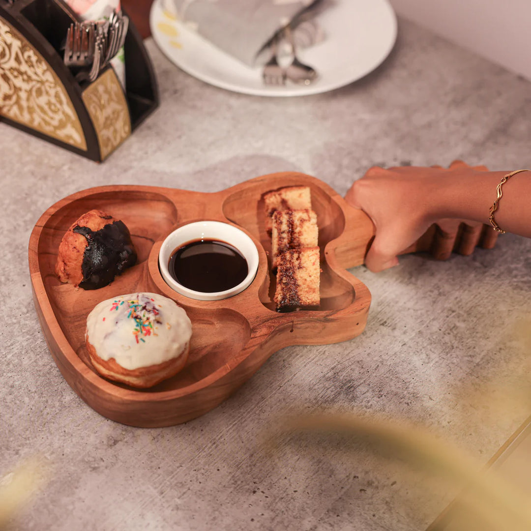 Ireka Homes StrumYum Chip and Dip Platter – Handcrafted Acacia Wood Snack Tray with Ceramic Bowl – Stylish Platter for Chips, Crackers, and Dips (16.5x9x1.75 inches)