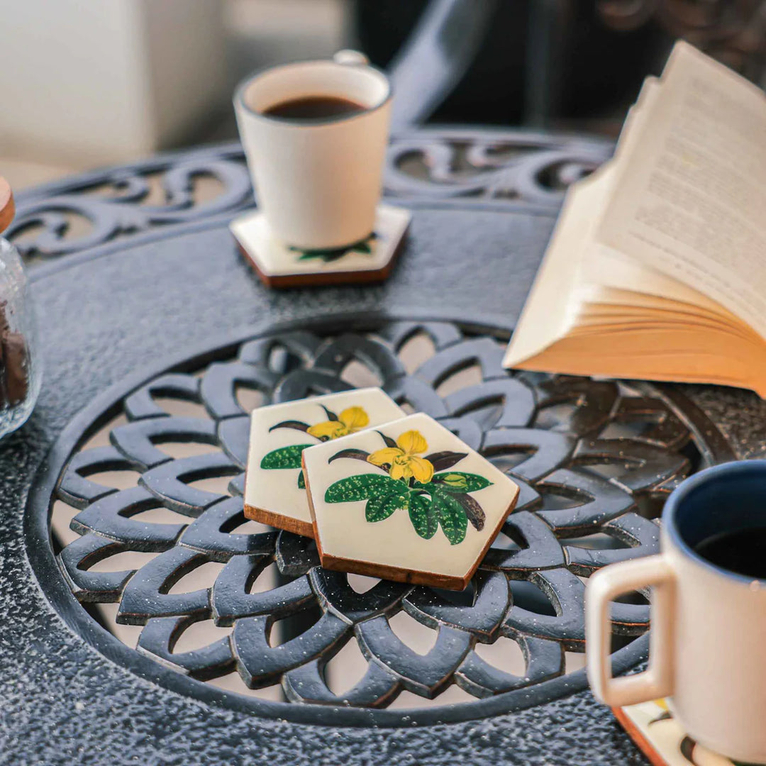 Ireka Homes Penta Bloom Coaster Set – Acacia Wood & Enamel– Ideal for Coffee Tables, Desks, & Gifting
