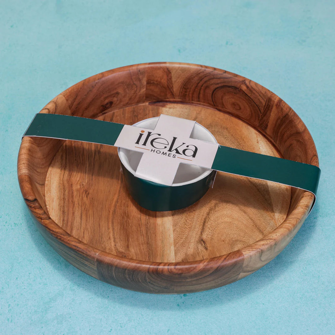 Ireka Homes Snacit Chip and Dip Platter – Handcrafted Acacia Wood Snack Tray with Ceramic Bowl – Stylish Platter for Chips, Crackers, and Dips (10x10x2 inches)