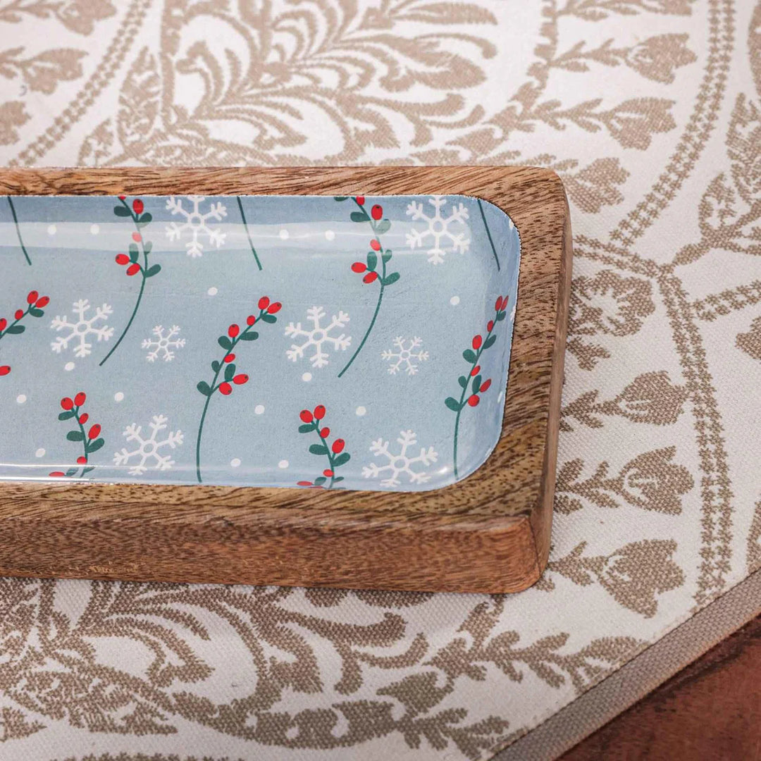 Ireka Homes Multi-Purpose Bluetiful Bites Serving Platter - Premium Mango Wood Platter With Enamel Coating - Decorative Kitchen Platter for Serving Food, Drinks, Coffee, and Cheese (12x4 inches)