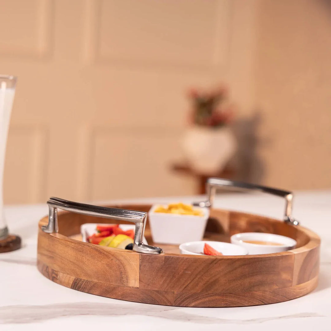 Ireka Homes Multi-Purpose Athithi Serving Tray – Premium Acacia Wood Tray – Decorative Kitchen Tray for Serving Food, Drinks, Coffee, and Cheese (14 inches)