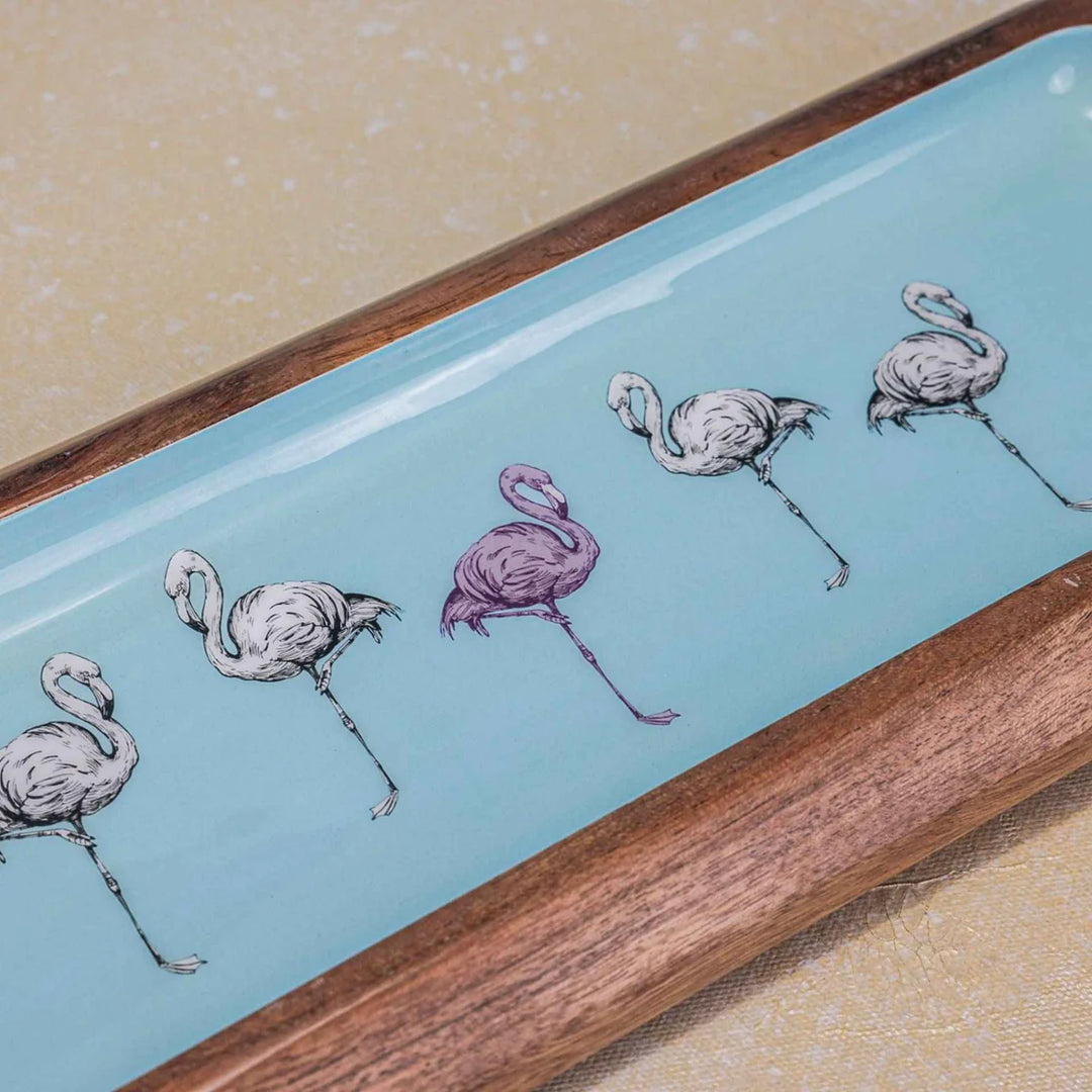Ireka Homes Multi-Purpose Flamingo Fiesta Serving Platter - Premium Acacia Wood Platter With Enamel Coating - Decorative Kitchen Platter for Serving Food, Drinks, Coffee, and Cheese (17x6 inches)