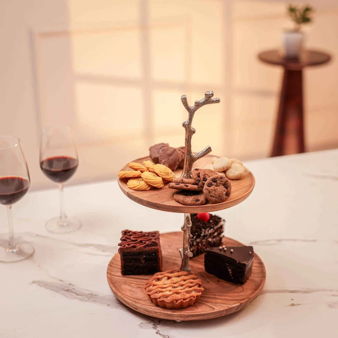 Ireka Home Treat Tree Acacia Wood Two-Tier Serving Stand | Dessert & Cupcake Display | Tea Party Pastry Serving Platter in Gift Box