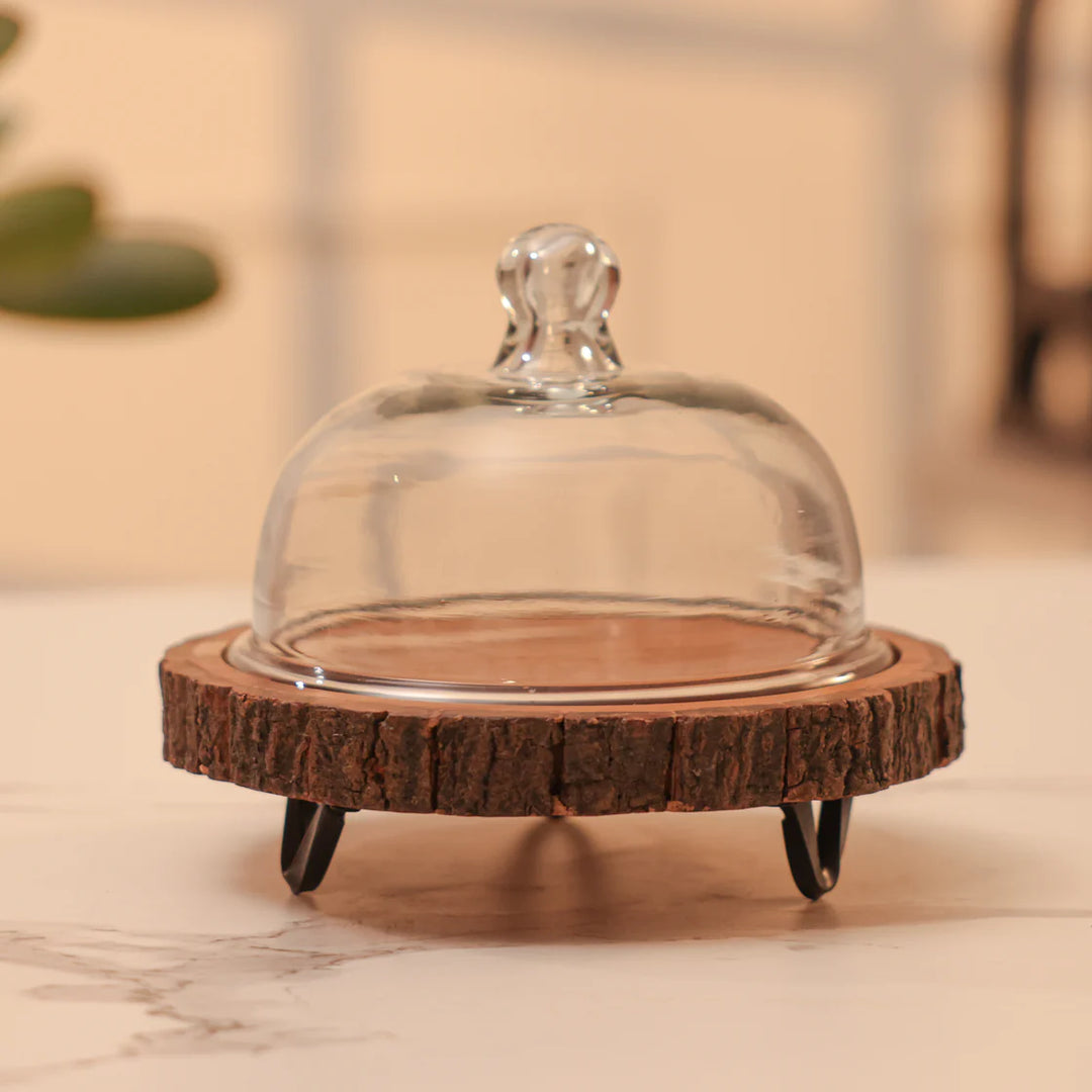 Ireka Homes Vriksha Acacia Wood Cake Stand with Glass Dome – Handmade, Sustainable, Foodsafe – Perfect for Mini Cakes, Fruits, and Snacks