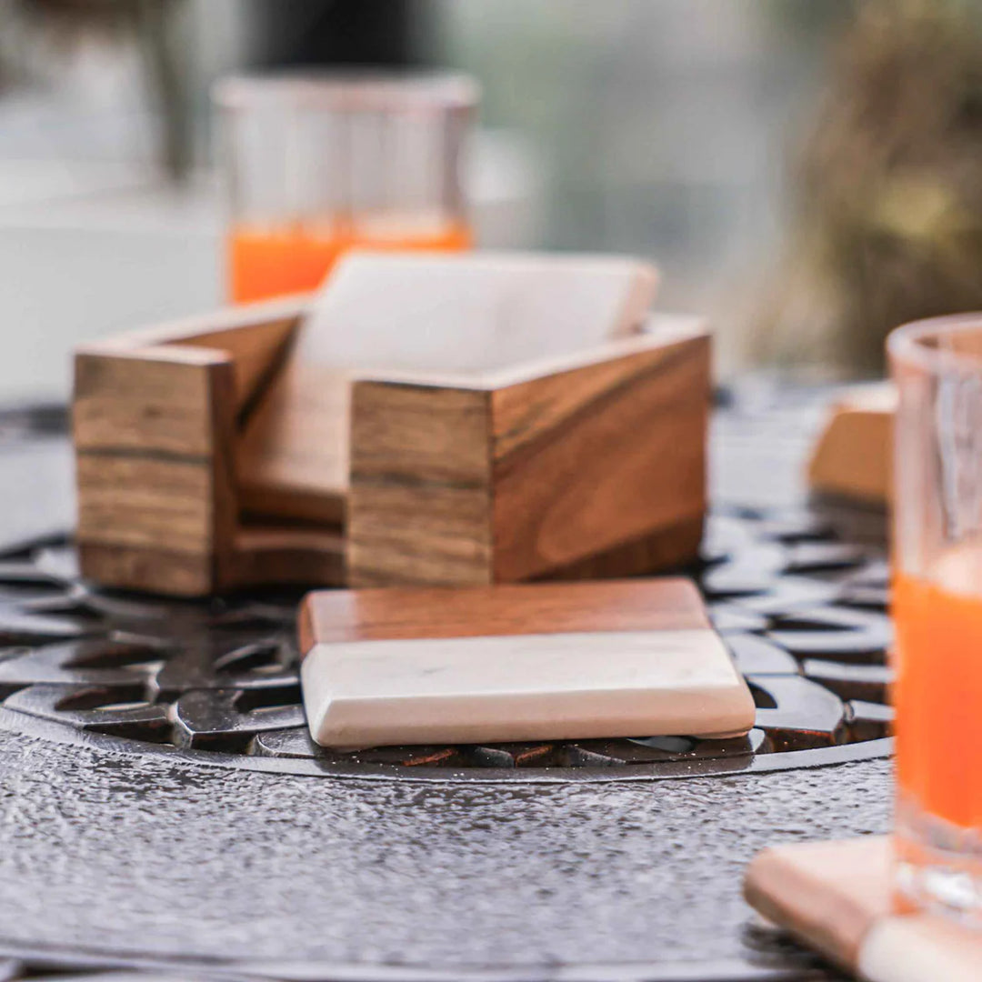 Ireka Homes Timber & Stone Coaster Set – Acacia Wood & Marble – Ideal for Coffee Tables, Desks, & Gifting