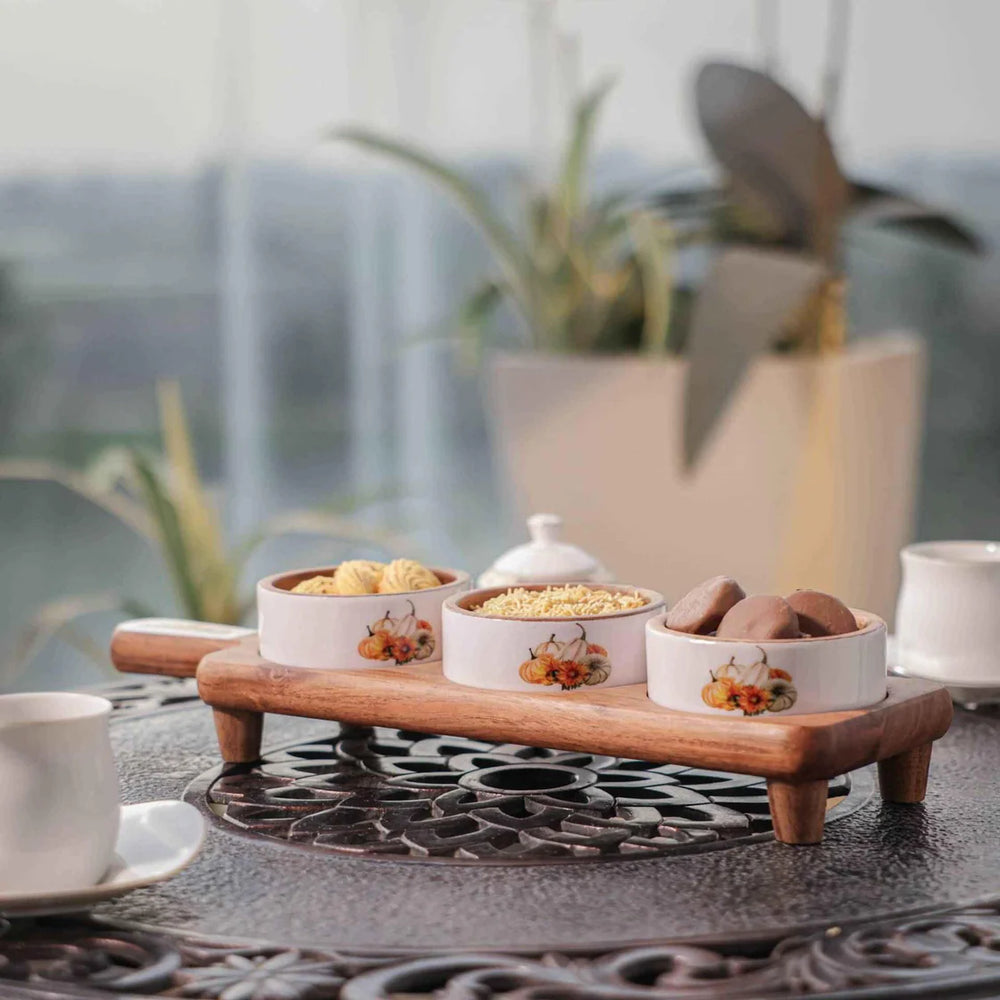 Ireka Homes Handcrafted Dip Trip Serving Bowls - Multipurpose Acacia Wood Bowls With Enamel - Durable Bowls for Serving Food, Snacks, and Desserts (18x5 inches)