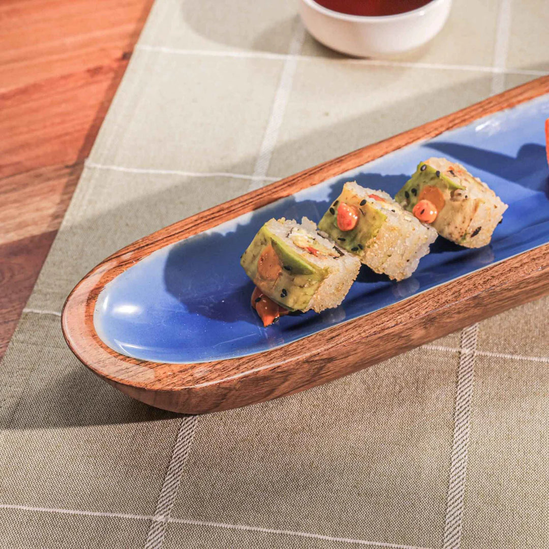 Ireka Homes Multi-Purpose Snack Attack Serving Platter - Premium Acacia Wood Platter With Enamel Coating - Decorative Kitchen Platter for Serving Food, Drinks, Coffee, and Cheese (14x4.25 inches)