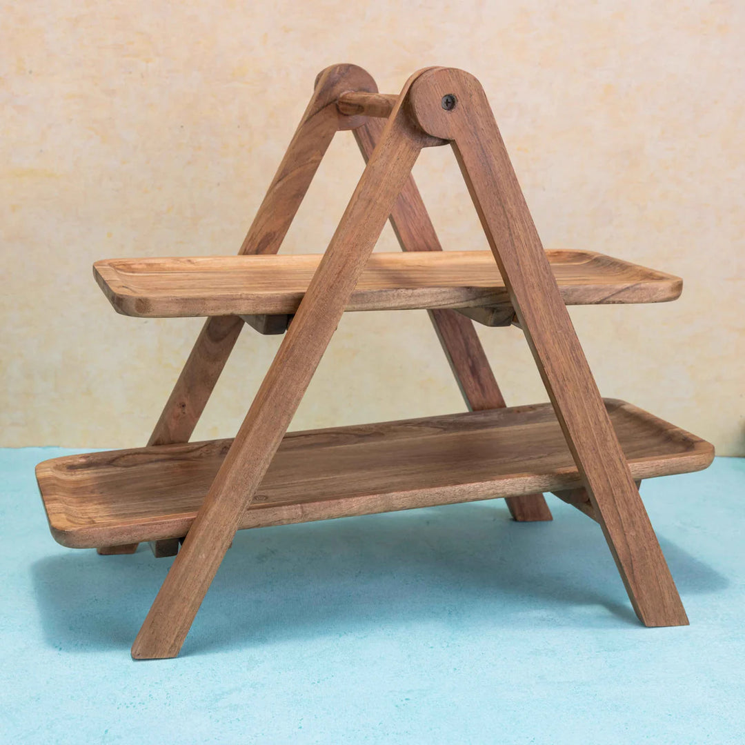 Ireka Homes Snackrack Multipurpose Serveware – Premium Acacia Wood 2-Tier Stand  - Foldable Serveware for Snacks, Barware & Kitchen Decor (18x9.75x14 inches)