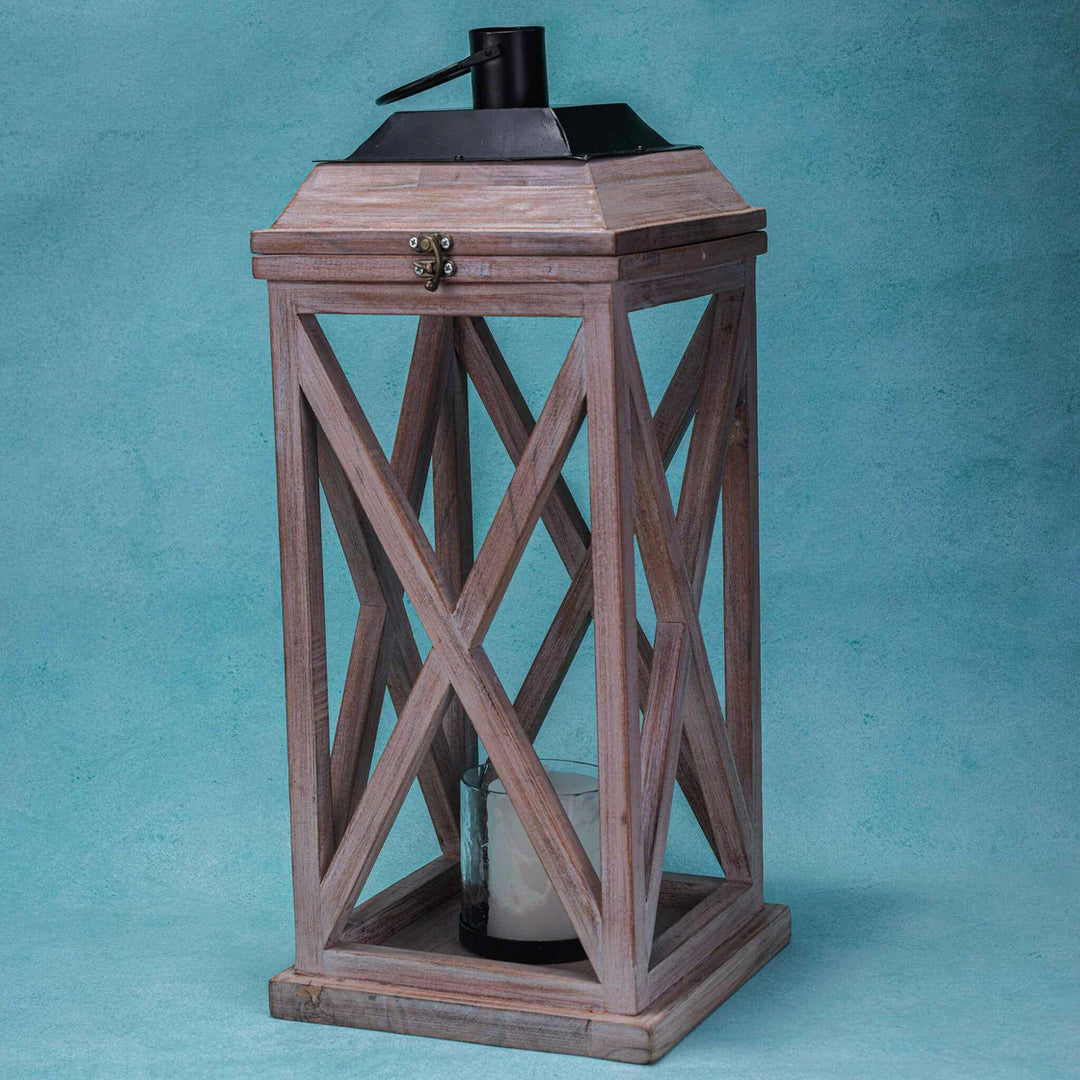 Ireka Homes Selena Wooden Lantern - Handcrafted Acacia Wood & Glass Lantern With Candle - Versatile Candle Holder for Home, Weddings & Festive Ambiance (Pack of 1)
