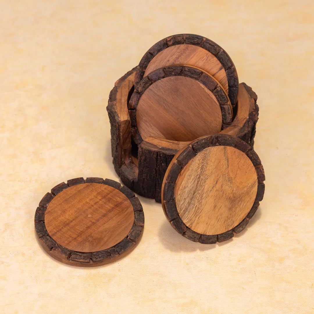 Ireka Homes Vriksha Coaster Set – Acacia Wood – Ideal for Coffee Tables, Desks, & Gifting