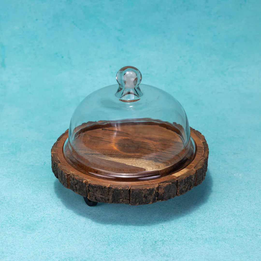 Ireka Homes Vriksha Acacia Wood Cake Stand with Glass Dome – Handmade, Sustainable, Foodsafe – Perfect for Mini Cakes, Fruits, and Snacks