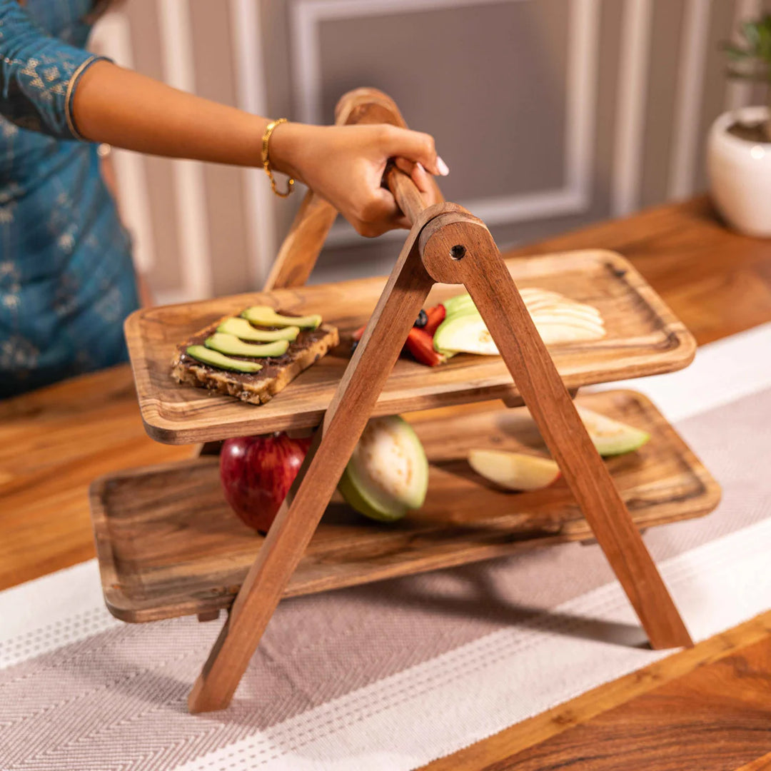 Ireka Homes Snackrack Multipurpose Serveware – Premium Acacia Wood 2-Tier Stand  - Foldable Serveware for Snacks, Barware & Kitchen Decor (18x9.75x14 inches)