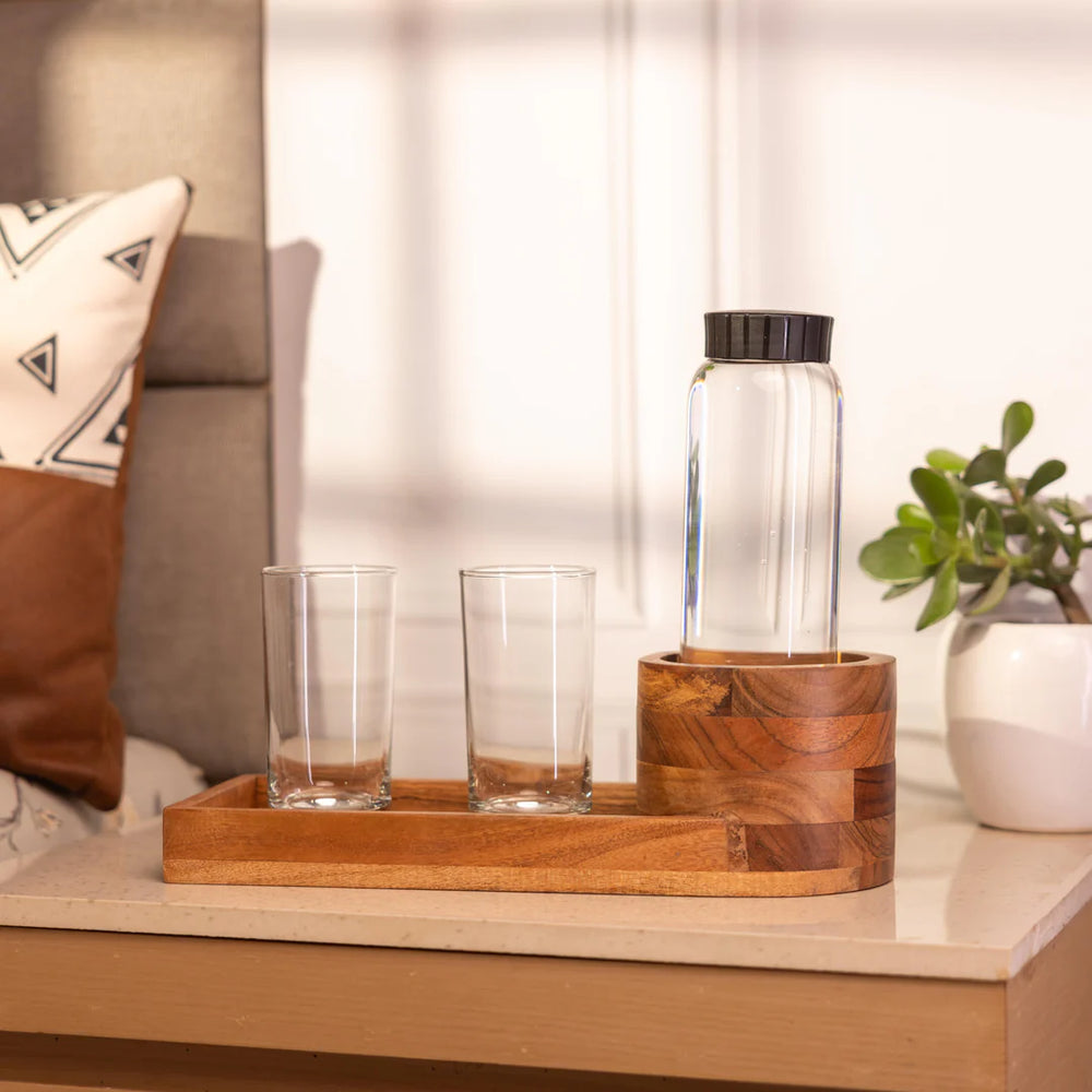 Ireka Homes Thirstray Water Bottle Holder – Handcrafted Acacia Wood Tray - Raised Bottle Holder with Glass Slots – Perfect for Bedside, Guest Room, or Lounge (14x5x4 inches)