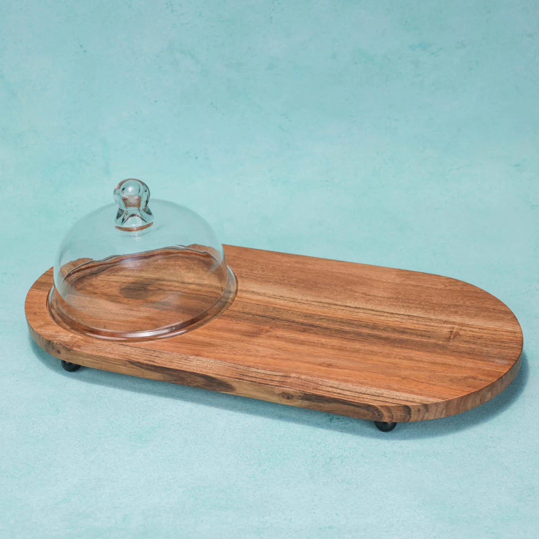Ireka Homes Dome n Dime Acacia Wood Cake Stand with Glass Dome – Handmade, Sustainable, Foodsafe – Perfect for Mini Cakes, Fruits, and Snacks