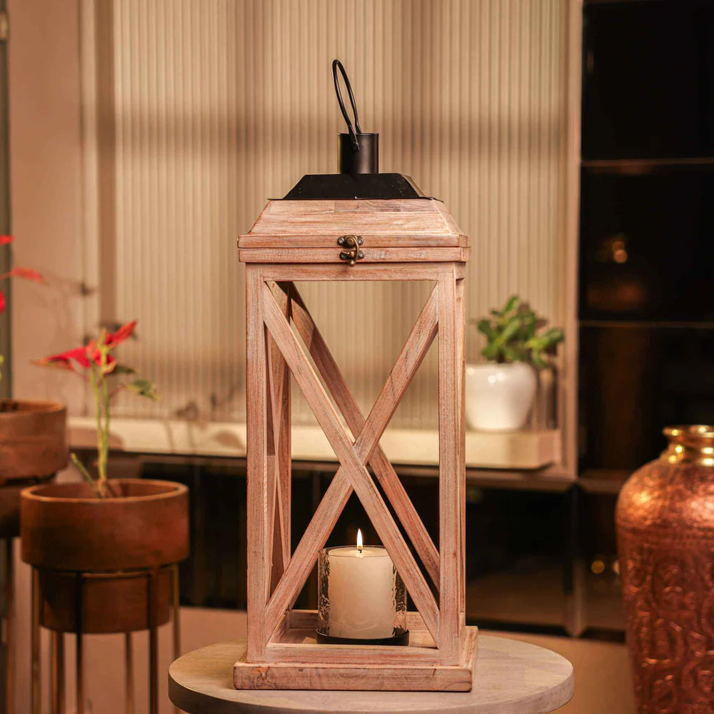 Ireka Homes Selena Wooden Lantern - Handcrafted Acacia Wood & Glass Lantern With Candle - Versatile Candle Holder for Home, Weddings & Festive Ambiance (Pack of 1)