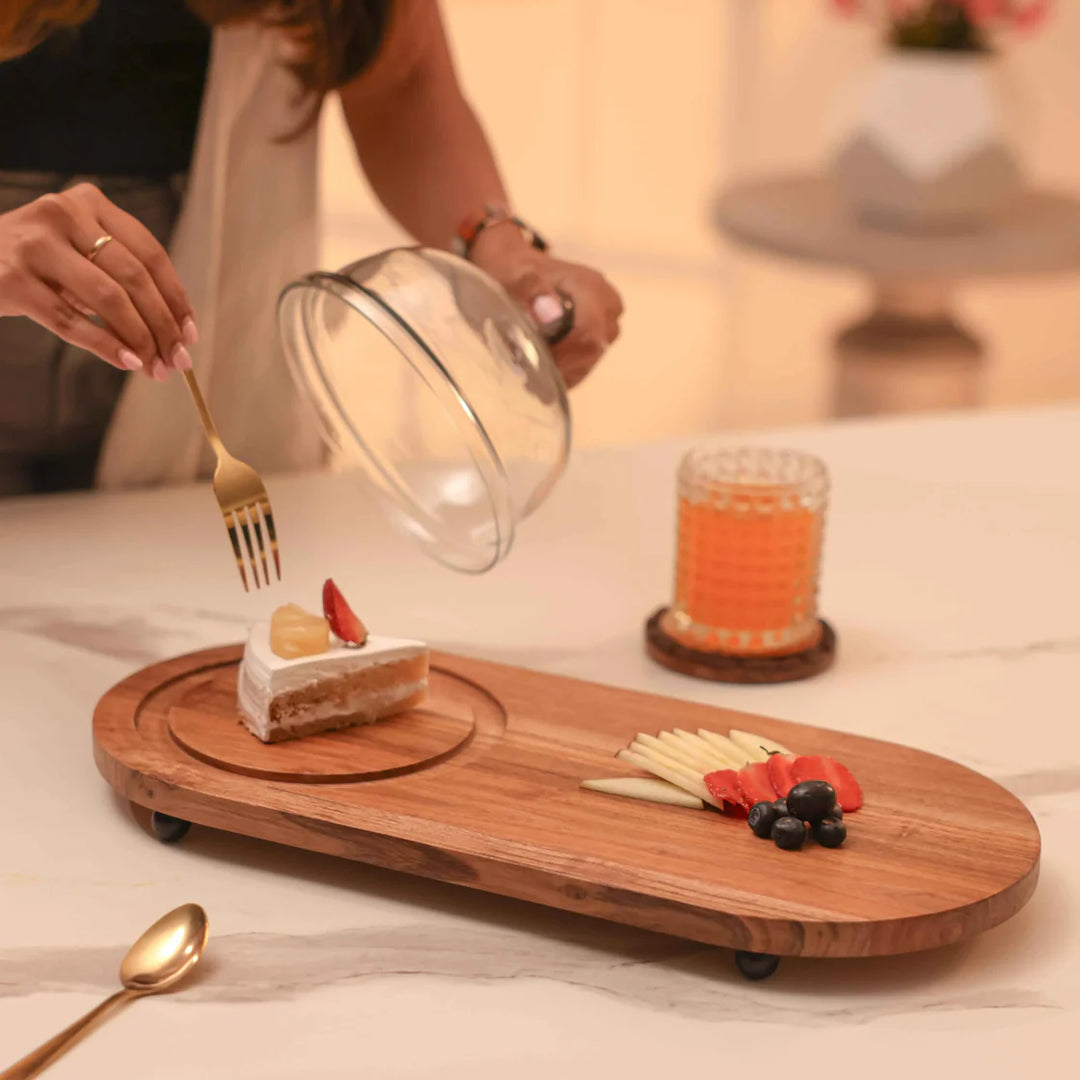 Ireka Homes Dome n Dime Acacia Wood Cake Stand with Glass Dome – Handmade, Sustainable, Foodsafe – Perfect for Mini Cakes, Fruits, and Snacks