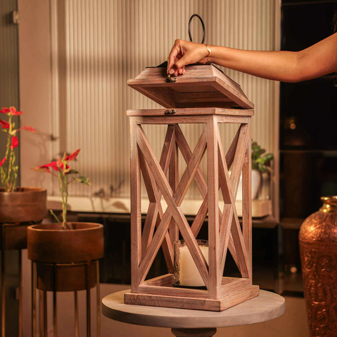 Ireka Homes Selena Wooden Lantern - Handcrafted Acacia Wood & Glass Lantern With Candle - Versatile Candle Holder for Home, Weddings & Festive Ambiance (Pack of 1)