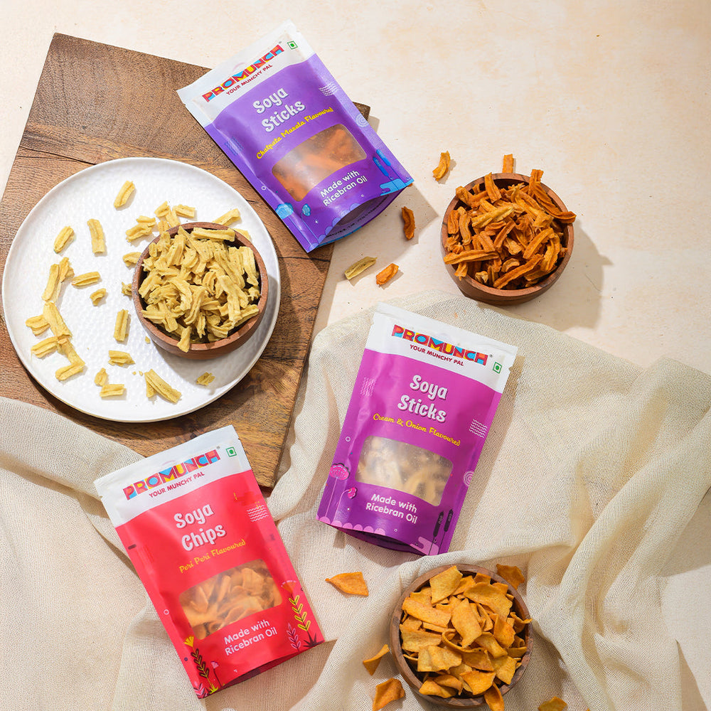 Promunch Soya Sticks & Chips Combo | Chatpata, Cream & Onion, Peri Peri | 30g Packs