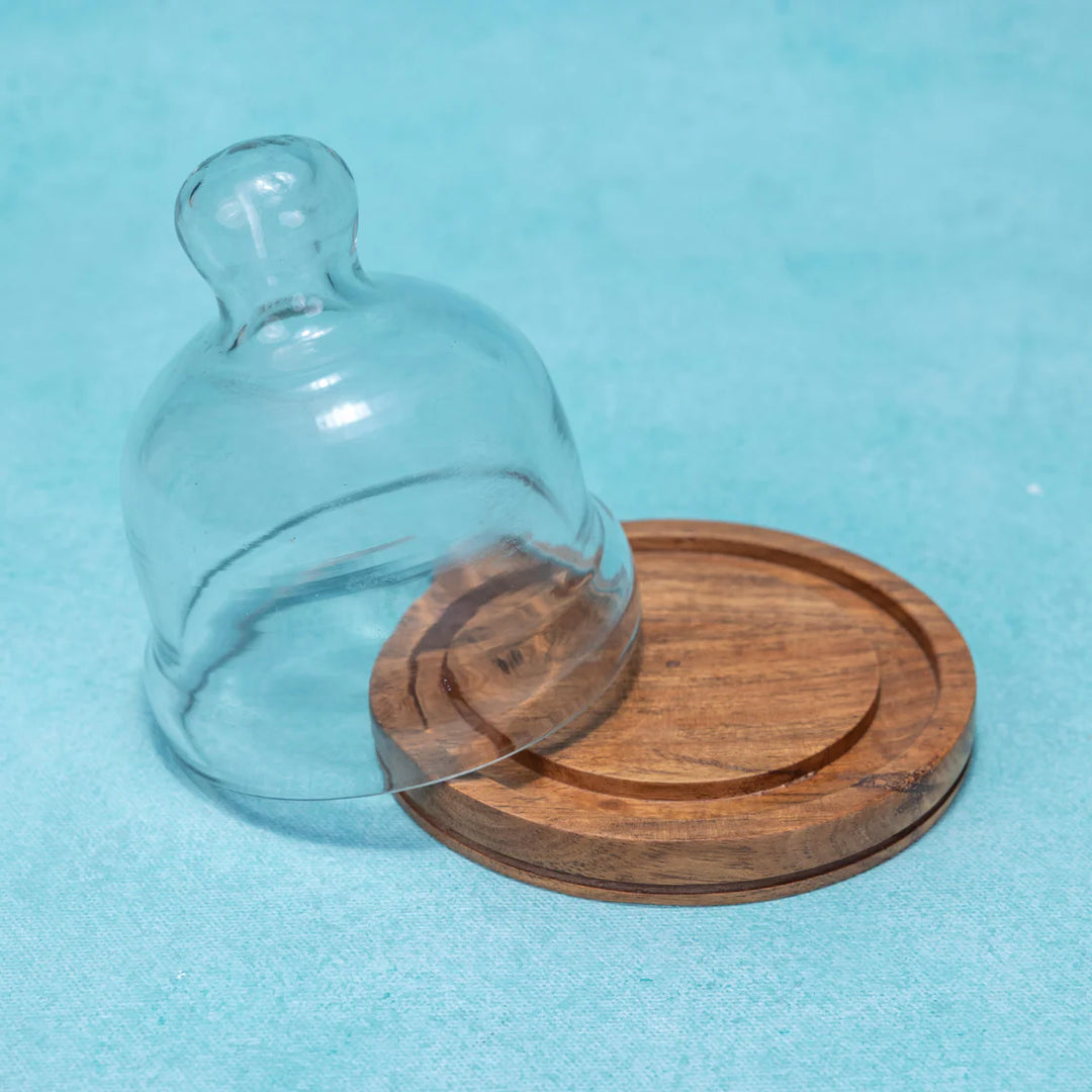Ireka Homes Nibble Nest Acacia Wood Cake Stand with Glass Dome – Handmade, Sustainable, Foodsafe – Perfect for Mini Cakes, Fruits, and Snacks
