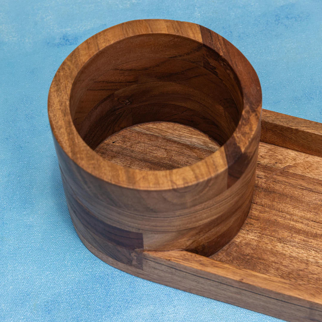Ireka Homes Thirstray Water Bottle Holder – Handcrafted Acacia Wood Tray - Raised Bottle Holder with Glass Slots – Perfect for Bedside, Guest Room, or Lounge (14x5x4 inches)