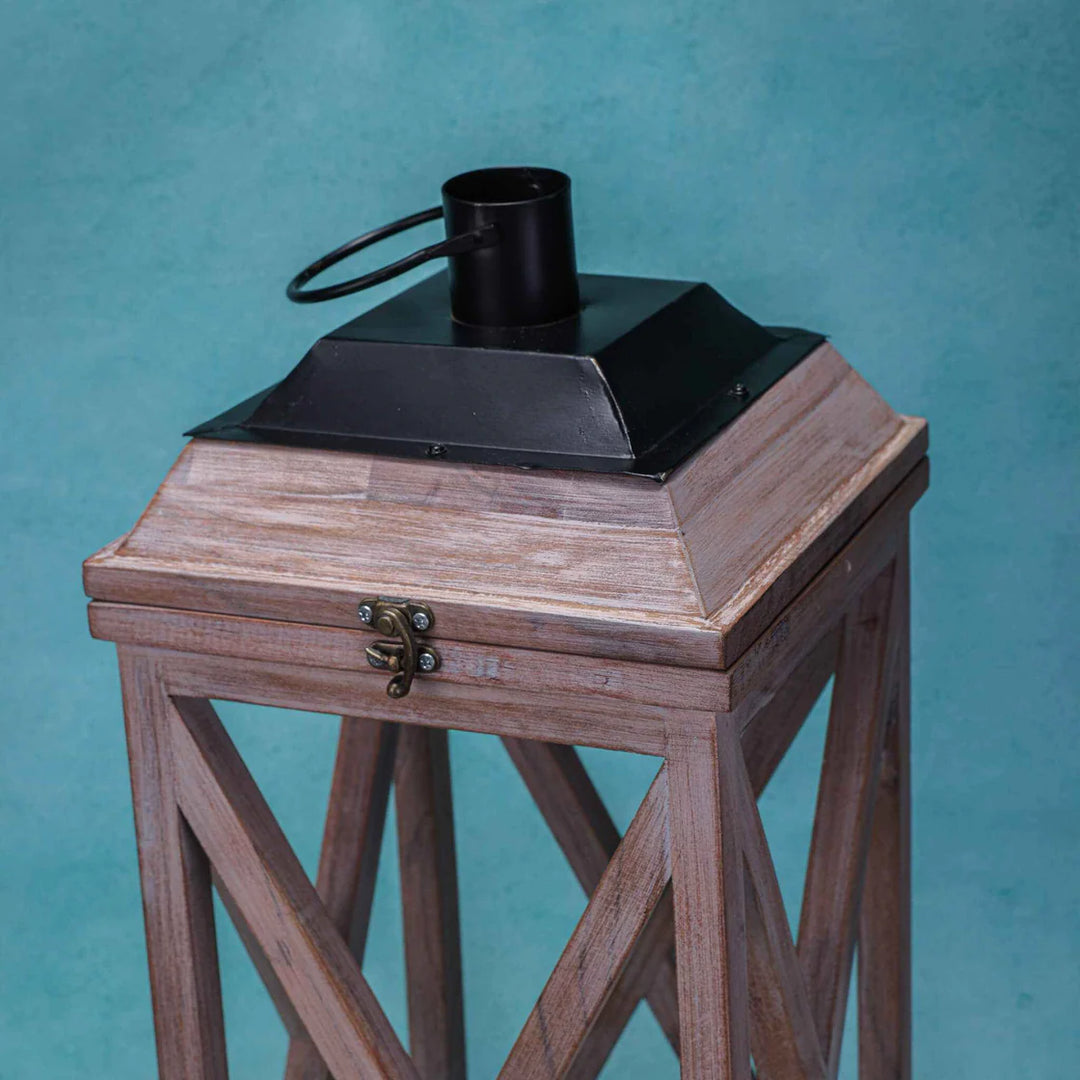 Ireka Homes Selena Wooden Lantern - Handcrafted Acacia Wood & Glass Lantern With Candle - Versatile Candle Holder for Home, Weddings & Festive Ambiance (Pack of 1)