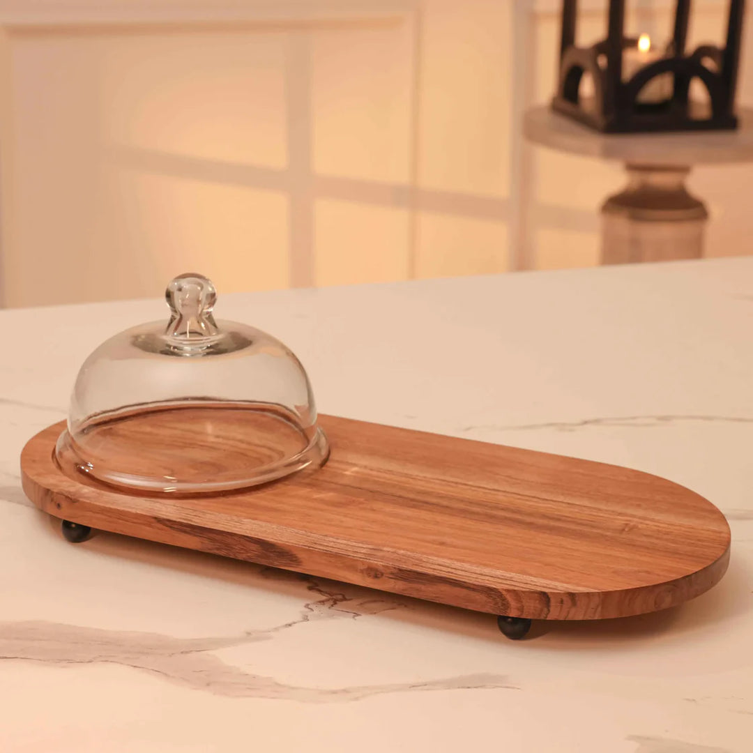 Ireka Homes Dome n Dime Acacia Wood Cake Stand with Glass Dome – Handmade, Sustainable, Foodsafe – Perfect for Mini Cakes, Fruits, and Snacks