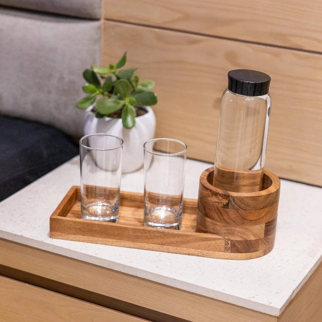 Ireka Homes Thirstray Water Bottle Holder – Handcrafted Acacia Wood Tray - Raised Bottle Holder with Glass Slots – Perfect for Bedside, Guest Room, or Lounge (14x5x4 inches)