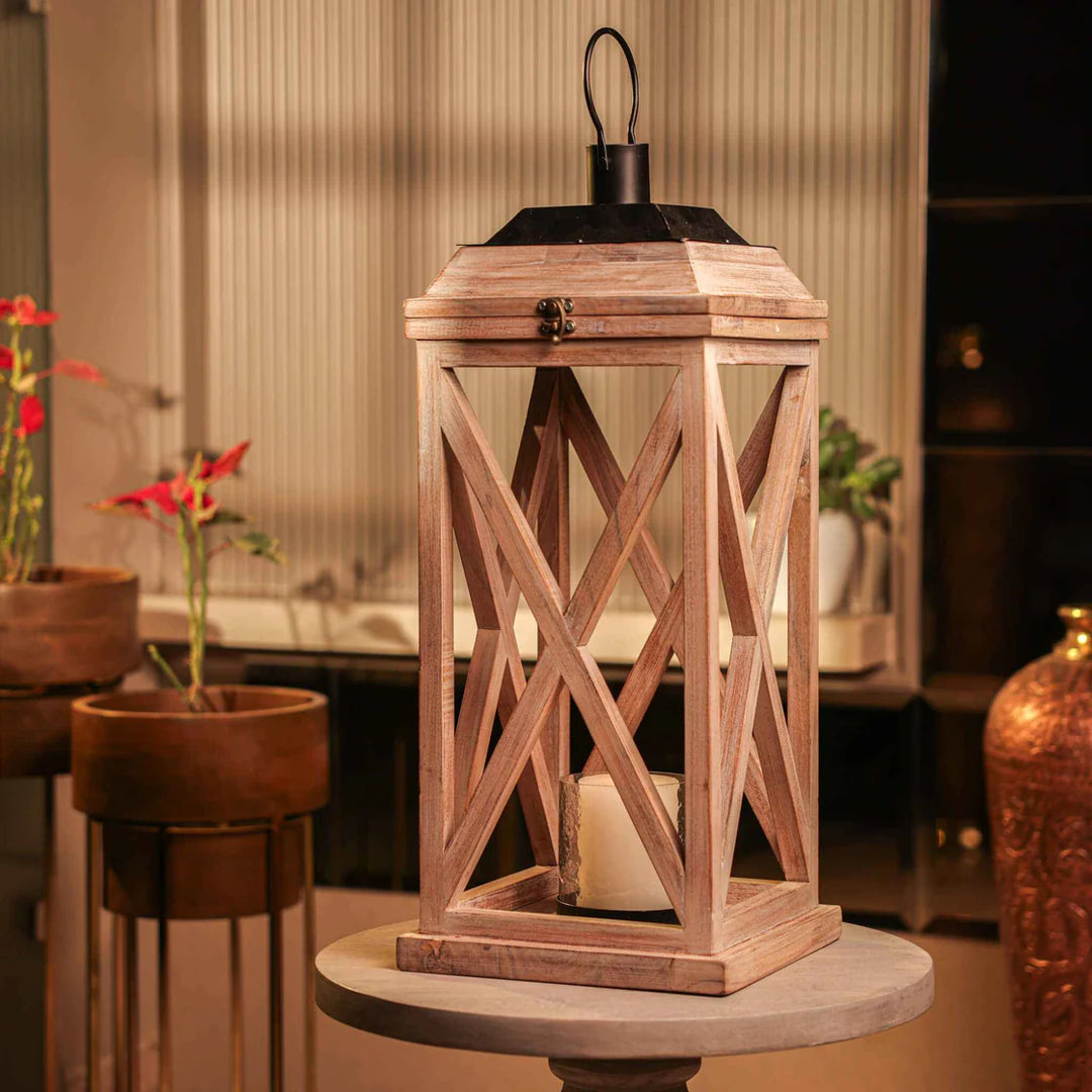 Ireka Homes Selena Wooden Lantern - Handcrafted Acacia Wood & Glass Lantern With Candle - Versatile Candle Holder for Home, Weddings & Festive Ambiance (Pack of 1)