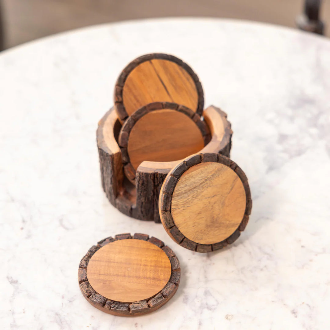 Ireka Homes Vriksha Coaster Set – Acacia Wood – Ideal for Coffee Tables, Desks, & Gifting