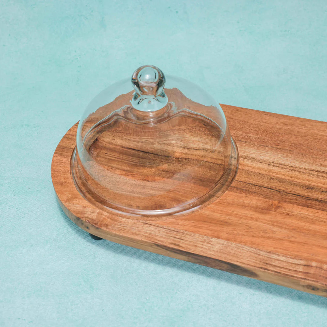 Ireka Homes Dome n Dime Acacia Wood Cake Stand with Glass Dome – Handmade, Sustainable, Foodsafe – Perfect for Mini Cakes, Fruits, and Snacks